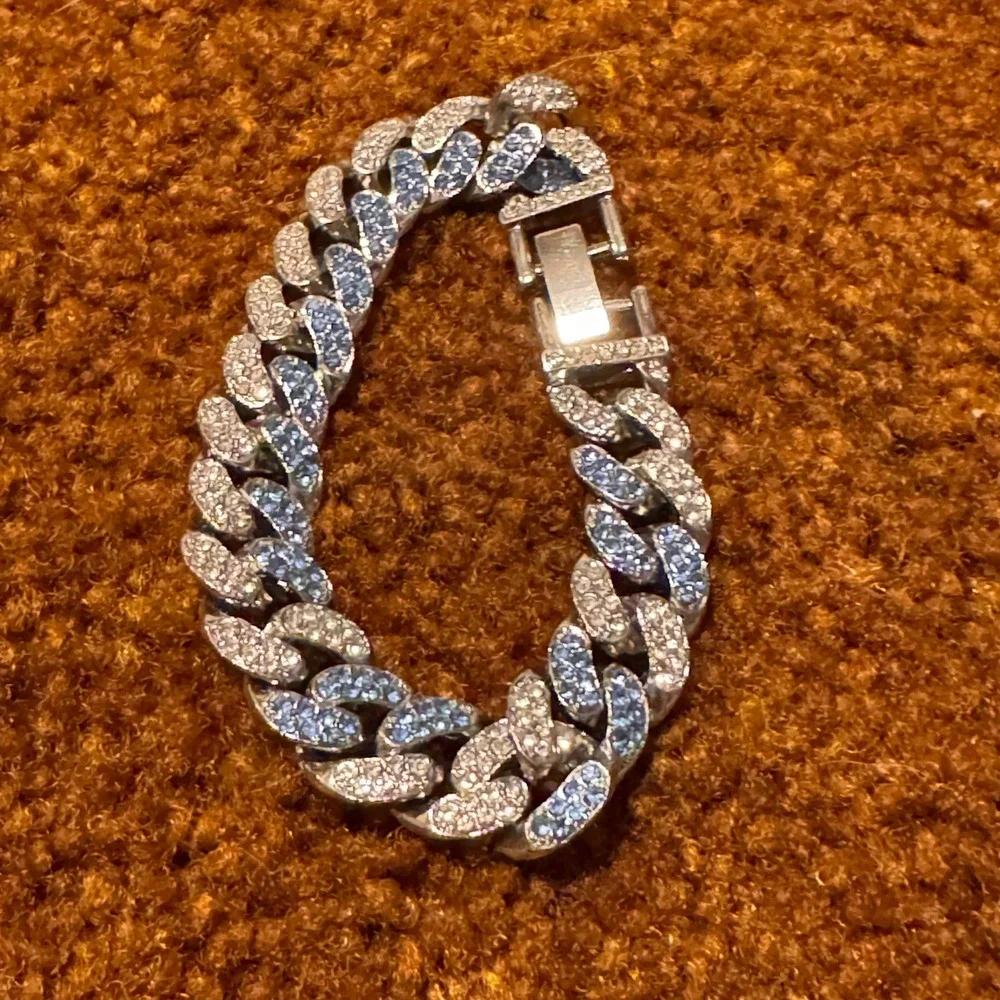 Iced Out Cuban Link Bracelet Silver Tone Blue White Rhinestone Chunky Curb Chain